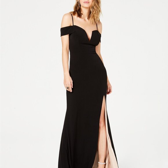 City Studios Juniors' Off-The-Shoulder Gown Black/Peach - Picture 1 of 4